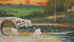 Grande peinture à l'huile antique paysage lac cygnes