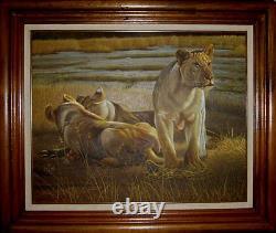 Grande peinture à l'huile d'origine vintage 'KALAHARI KING' Lions RITTENNAUR encadrée