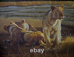 Grande peinture à l'huile d'origine vintage 'KALAHARI KING' Lions RITTENNAUR encadrée