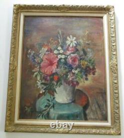 Grande peinture à l'huile de Ejnar Hansen Nature morte Fleurs florales Antique Américain Rare