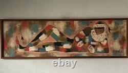 Grande peinture à l'huile de Jester moderne du milieu du siècle, ancienne, vintage, cubisme Clown 50