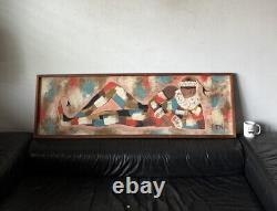 Grande peinture à l'huile de Jester moderne du milieu du siècle, ancienne, vintage, cubisme Clown 50