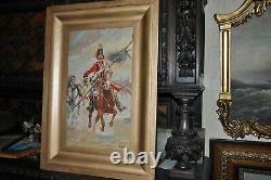 Grande peinture à l'huile de guerrier monté sur cheval antique