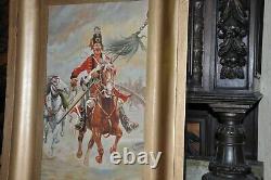 Grande peinture à l'huile de guerrier monté sur cheval antique