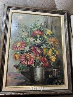 Grande peinture à l'huile de nature morte ancienne avec vase de fleurs signé/cadré