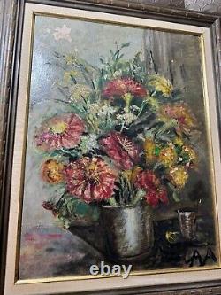 Grande peinture à l'huile de nature morte ancienne avec vase de fleurs signé/cadré