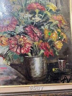 Grande peinture à l'huile de nature morte ancienne avec vase de fleurs signé/cadré