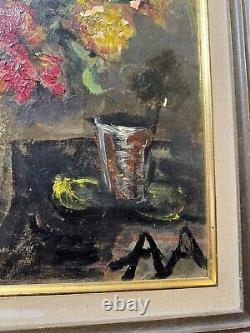 Grande peinture à l'huile de nature morte ancienne avec vase de fleurs signé/cadré