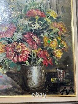 Grande peinture à l'huile de nature morte ancienne avec vase de fleurs signé/cadré