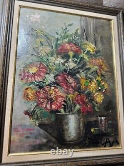 Grande peinture à l'huile de nature morte ancienne avec vase de fleurs signé/cadré