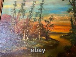 Grande peinture à l'huile de paysage de rivière M Hassebar antique signée/encadrée