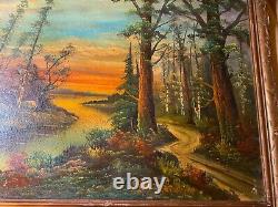 Grande peinture à l'huile de paysage de rivière M Hassebar antique signée/encadrée