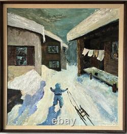 Grande peinture à l'huile de paysage moderne antique d'hiver avec cabane enneigée Hutchison vintage