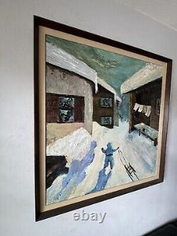 Grande peinture à l'huile de paysage moderne antique d'hiver avec cabane enneigée Hutchison vintage