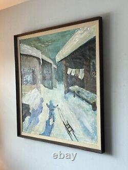 Grande peinture à l'huile de paysage moderne antique d'hiver avec cabane enneigée Hutchison vintage