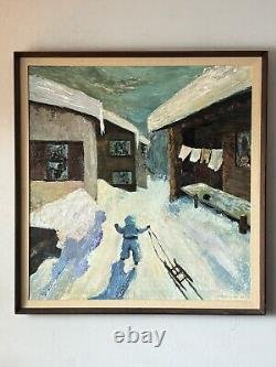 Grande peinture à l'huile de paysage moderne antique d'hiver avec cabane enneigée Hutchison vintage