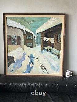 Grande peinture à l'huile de paysage moderne antique d'hiver avec cabane enneigée Hutchison vintage