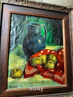 Grande peinture à l'huile de scène de nature morte sur table ancienne signée et encadrée