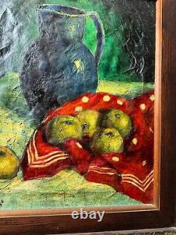 Grande peinture à l'huile de scène de nature morte sur table ancienne signée et encadrée