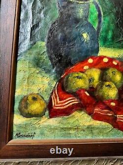 Grande peinture à l'huile de scène de nature morte sur table ancienne signée et encadrée