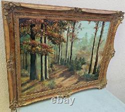 Grande peinture à l'huile encadrée ancienne signée Beny France Nature Forêt