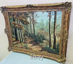 Grande peinture à l'huile encadrée ancienne signée Beny France Nature Forêt