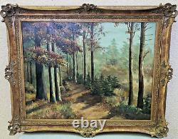 Grande peinture à l'huile encadrée ancienne signée Beny France Nature Forêt