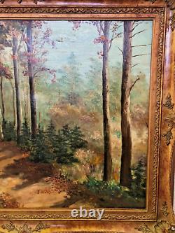 Grande peinture à l'huile encadrée ancienne signée Beny France Nature Forêt