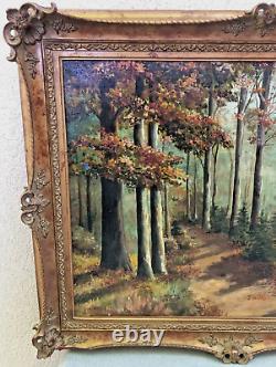 Grande peinture à l'huile encadrée ancienne signée Beny France Nature Forêt