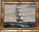 Grande Peinture à L'huile Originale De T. Bailey Sur Toile Antique Navire Sur L'océan