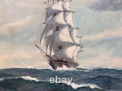 Grande peinture à l'huile originale de T. BAILEY sur toile Antique Navire sur l'Océan