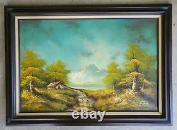 Grande peinture à l'huile originale sur toile Paysage de montagne Cadre ancien vintage