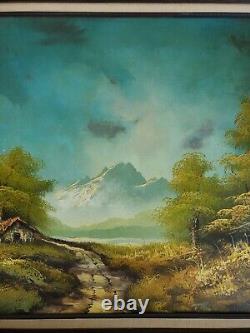 Grande peinture à l'huile originale sur toile Paysage de montagne Cadre ancien vintage