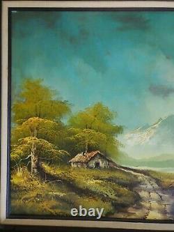 Grande peinture à l'huile originale sur toile Paysage de montagne Cadre ancien vintage