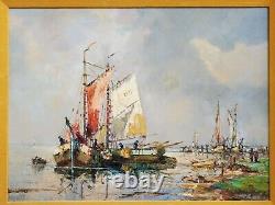 Grande peinture à l'huile originale sur toile de bateaux à voile de pêche paysage marin vintage antique