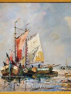 Grande peinture à l'huile originale sur toile de bateaux à voile de pêche paysage marin vintage antique