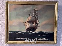 Grande peinture à l'huile originale sur toile de l'artiste T. BAILEY, Antiquité, Paysage marin, Encadrée