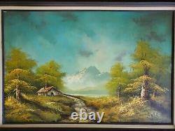 Grande peinture à l'huile originale sur toile paysage de montagne cadre ancien vintage
