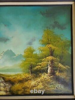 Grande peinture à l'huile originale sur toile paysage de montagne cadre ancien vintage