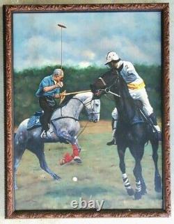 Grande peinture à l'huile originale vintage de cheval poney polo poneys dans un cadre antique de l'art