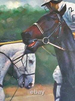 Grande peinture à l'huile originale vintage de cheval poney polo poneys dans un cadre antique de l'art