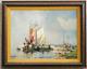 Grande Peinture à L'huile Sur Toile De Bateaux De Pêche En Mer, Paysage Marin, Vintage Et Antique