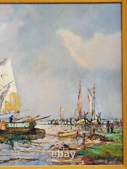 Grande peinture à l'huile sur toile de bateaux de pêche en mer, paysage marin, vintage et antique