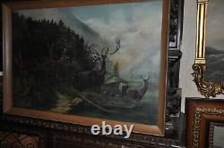 Grande peinture à l'huile sur toile du troupeau de cerfs américains antique du 19e siècle