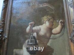 Grande peinture ancienne de maître, une icône religieuse à l'huile du XVIIIe siècle, représentant un chérubin avec une lampe.