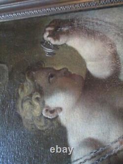 Grande peinture ancienne de maître, une icône religieuse à l'huile du XVIIIe siècle, représentant un chérubin avec une lampe.