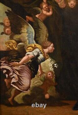 Grande peinture antique Annonciation Huile sur toile 17ème siècle Art du maître ancien