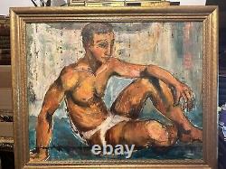 Grande peinture de nu masculin antique du milieu du siècle