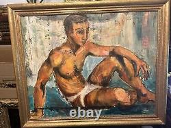 Grande peinture de nu masculin antique du milieu du siècle