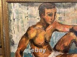 Grande peinture de nu masculin antique du milieu du siècle